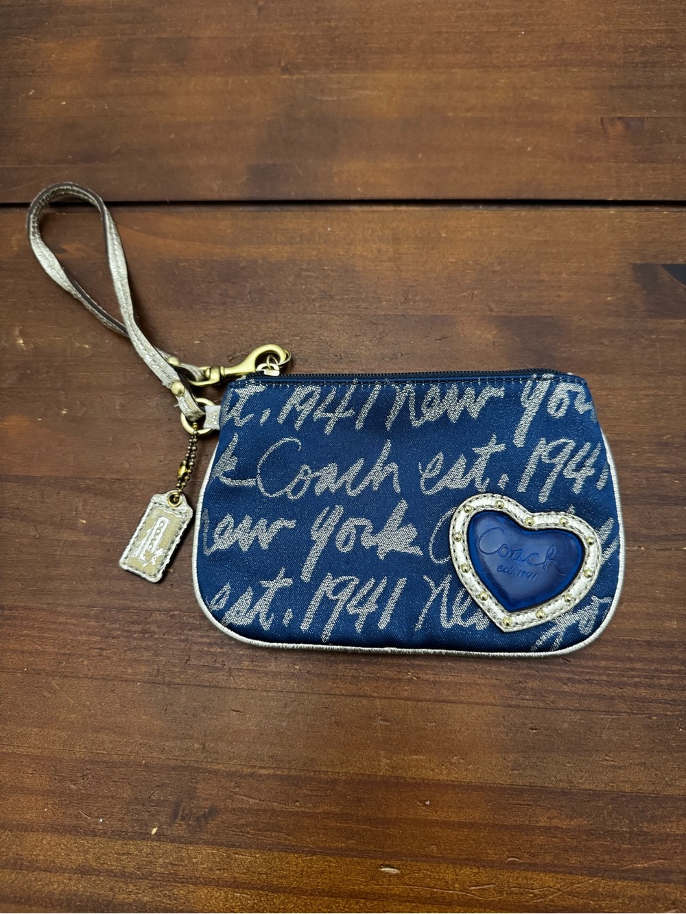 Coach Navy Blue Script Heart Wristlet with Gold-Tone Accents